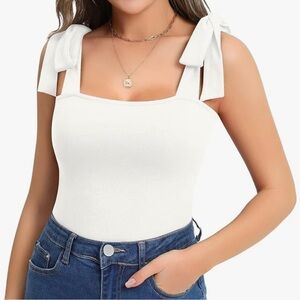 NWT MANGOPOP White Women's Bodysuit Top with Adjustable Bow Straps XS